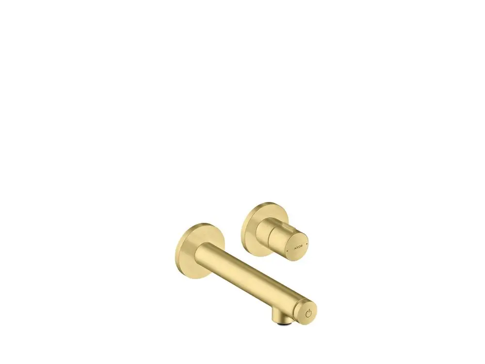 Wandmontierter Waschtischmischer von AXOR in brushed brass, bestehend aus einem Auslauf und einem Steuerknopf zur Regulierung des Wasserflusses.